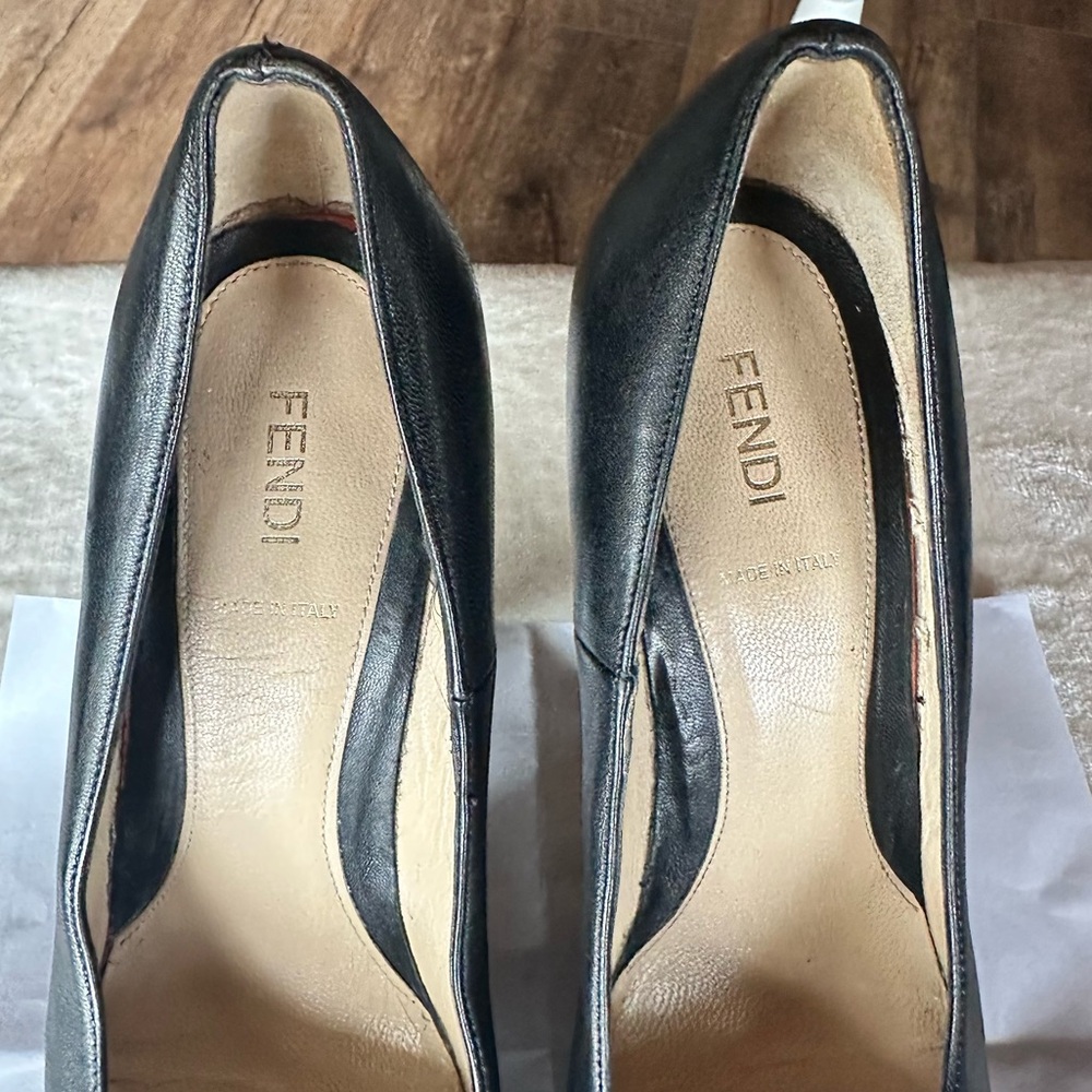 Fendi Fendista Black Leather Heels Platform Gold Logo Size 40 EU US 10 - Picture 12 of 12